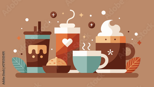 Various hot and cold coffee drinks with whipped cream, steam and dessert in cozy autumn style