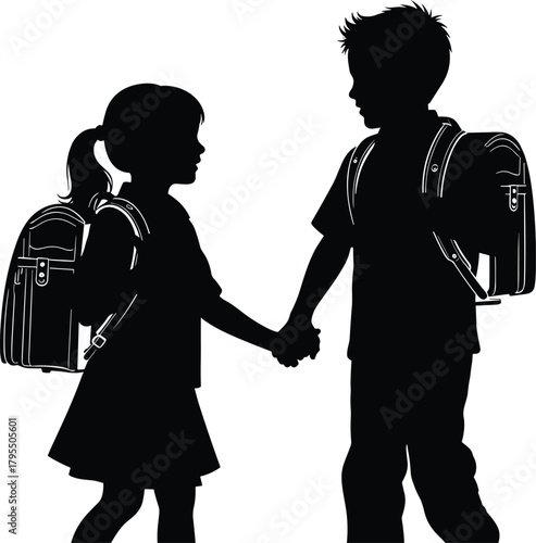 Children silhouette illustration, black figures, school kids, holding hands, backpacks, friendship, education, unity, youth, respect, classroom, gesture, companionship, art