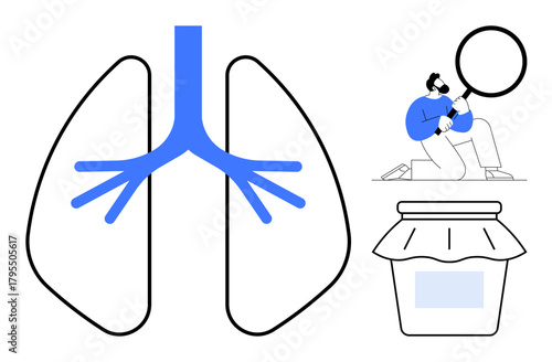 Human lungs with blue trachea, kneeling figure holding large magnifying glass, and preserved jar outline. Ideal for science, research, health, discovery, preservation study medical. Simple flat