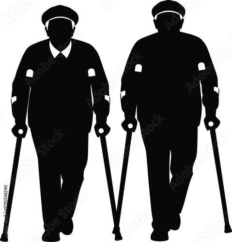 Crutches silhouette duo, black illustration, elderly mobility, walking support, healthcare theme, aging assistance, rehabilitation concept, life journey, accessibility, respect