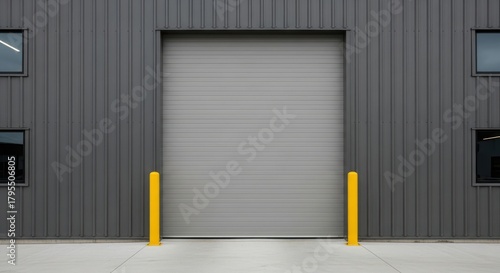 Modern industrial building facade with a large gray rollup door and two small windows, featuring corrugated metal siding