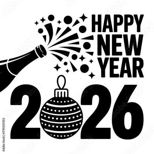 Happy new year 2026 with a champagne bottle popping and a christmas ornament, celebrating the transition to the new year with festive elements