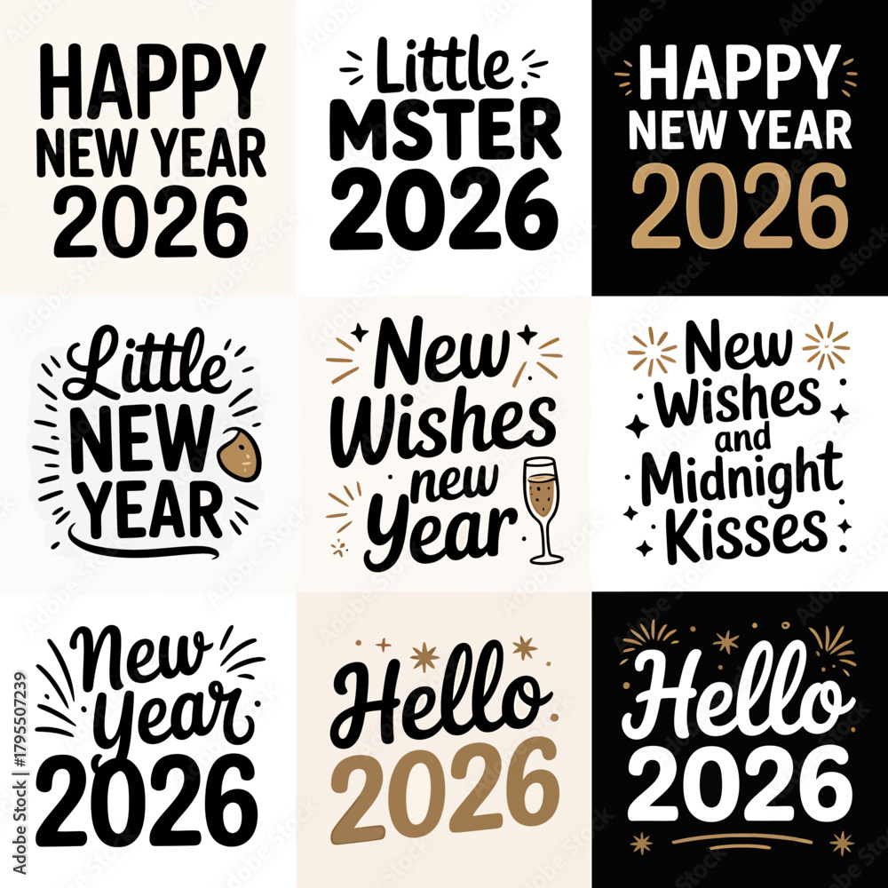 Obraz premium Collection of nine different new year 2026 typographic designs, including phrases like happy new year, little mister, new wishes, new year, hello, and midnight kisses