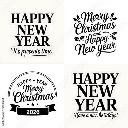 Four black and white new year and christmas greeting designs, featuring different typography styles and festive messages like merry christmas and happy new year