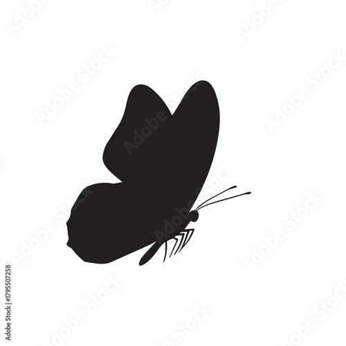 A simple black silhouette of a butterfly in mid flight against a white background