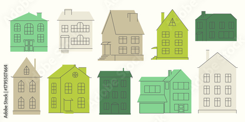 Set of various small tiny Houses in natural colors. Paper cut cartoon minimal style. Flat design. Isolated design elements. Building, sweet home, real estate concept