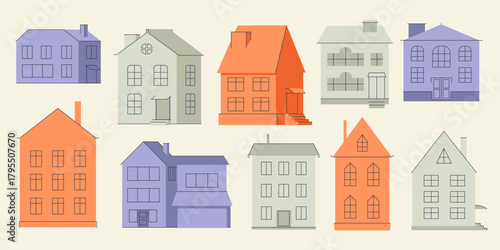 Set of various small tiny Houses in natural colors. Paper cut cartoon minimal style. Flat design. Isolated design elements. Building, sweet home, real estate concept