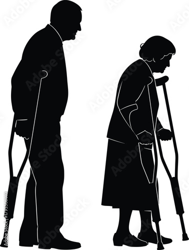 Elderly couple silhouette, black illustration, crutches support, aging mobility, senior care, physical challenge, healthcare theme, life journey, respect, companionship