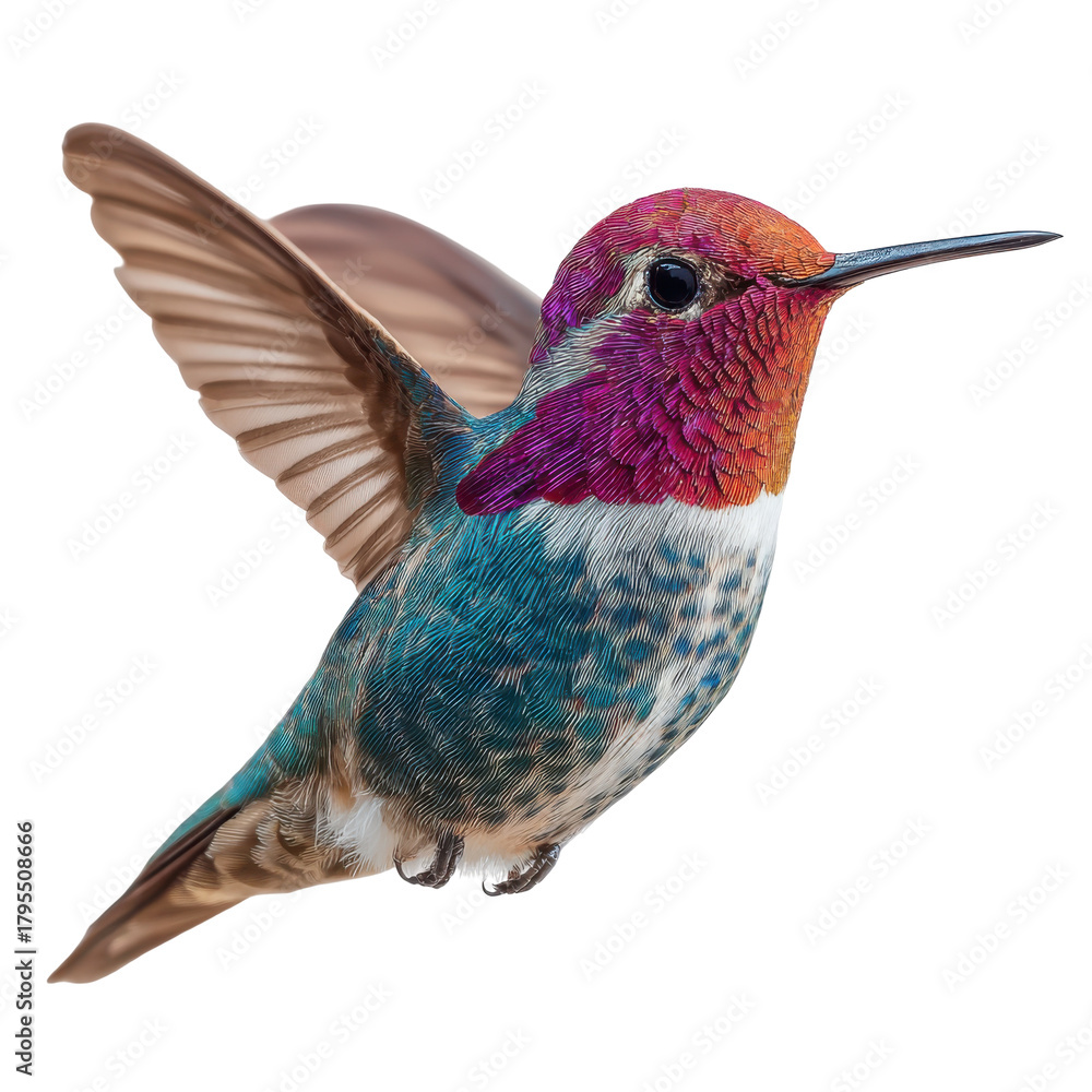 Fototapeta premium Rufous hummingbird hovers in mid-air with wings spread on a white background in natural daylight providing a transparent png cutout