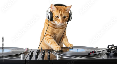 Ginger cat DJ with headphones spinning records isolated PNG with Transparent Background