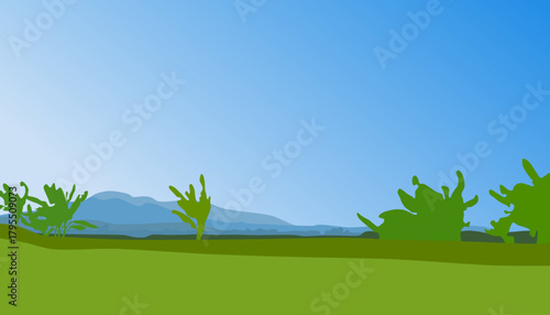 abstract art banana tree mountain and blue sky background