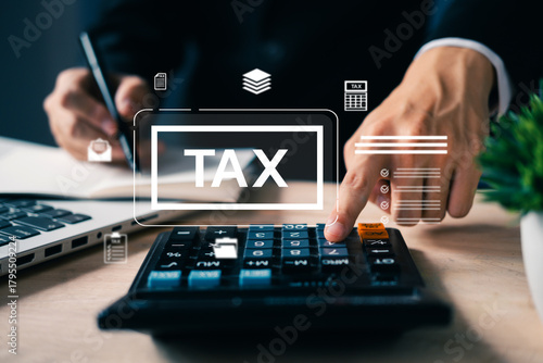 Close-up of hand pressing calculator with tax icons overlay, representing financial data analysis, tax return preparation, budgeting, and business accounting tasks.