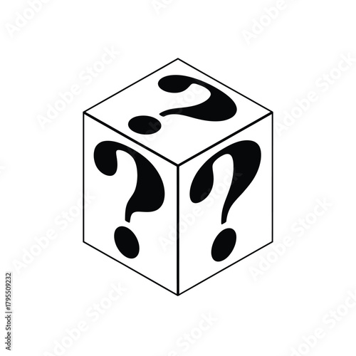 A simple line drawing of a cube with question marks on its faces representing mystery