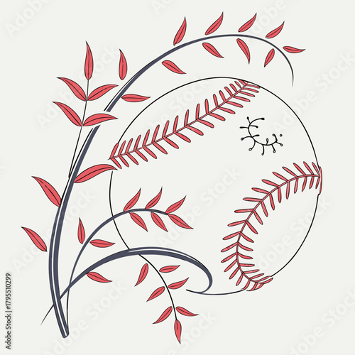 Artistic baseball with red leaves and dark blue branches on a light background abstract design