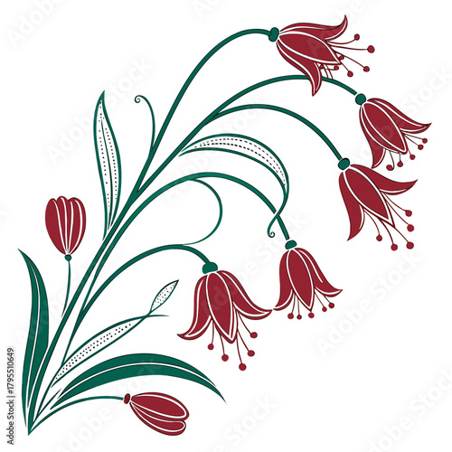 Elegant stylized floral design featuring blooming red bell shaped flowers and green leaves on a white background
