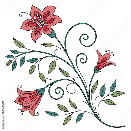 Elegant floral illustration with pink bell shaped flowers and green leaves on a white background