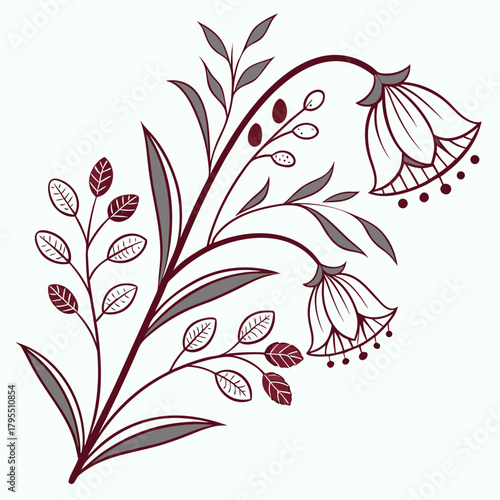 Elegant floral branch with bell shaped flowers and leaves in a simple outline style
