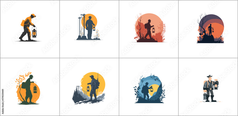 Fototapeta premium Set of vector illustrations of a man with a lantern