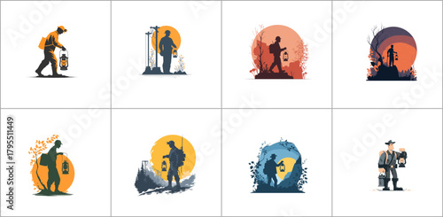 Set of vector illustrations of a man with a lantern