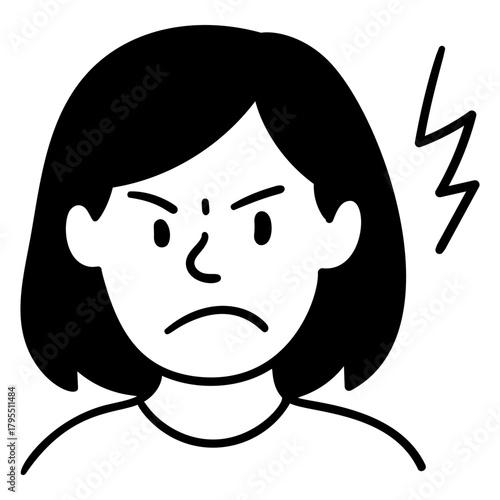 Frowning woman with angry eyes and tense face in doodle cartoon hand drawn style