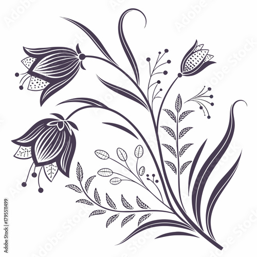 Elegant dark purple floral design with bell shaped flowers and delicate leaves on a white background