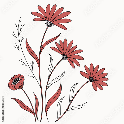 Delicate illustration of stylized red daisy flowers with thin stems and leaves on a white background