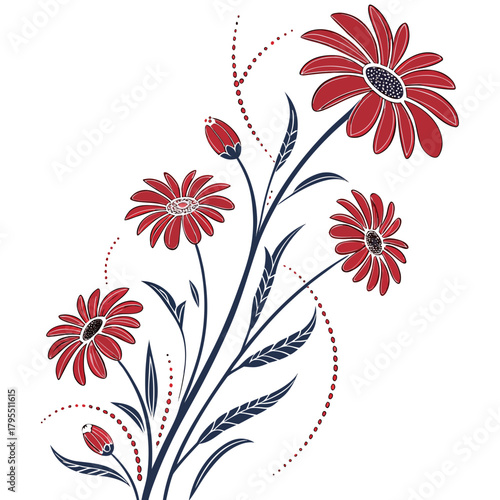 A decorative floral arrangement featuring red daisies with dark blue stems and leaves on a white background
