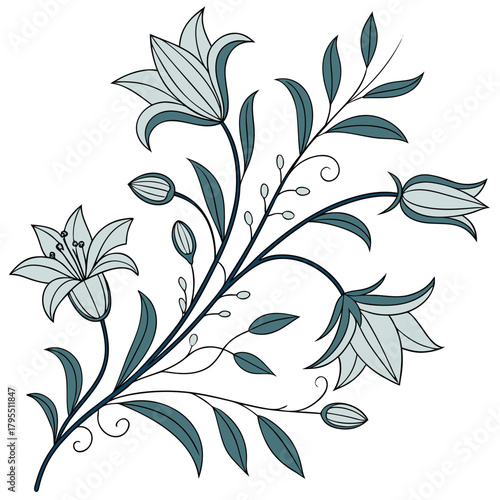 Elegant stylized floral design with bell shaped flowers and leaves in cool blue green tones