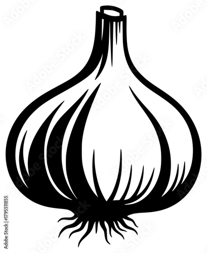 A black and white illustration of an onion, black, garlic, illustration, lamp, onion, profile, white, against transparent background