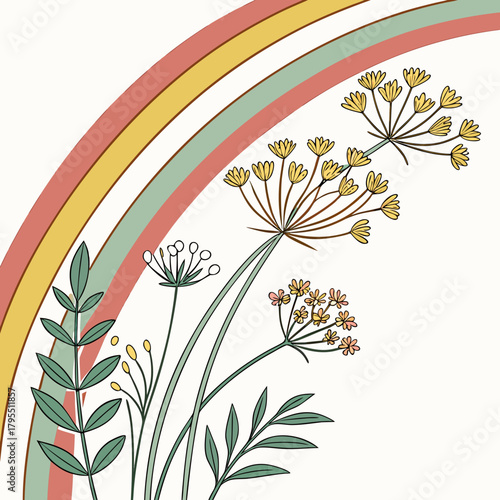 Bohemian style illustration of delicate wildflowers and leaves with a pastel rainbow arc in the corner
