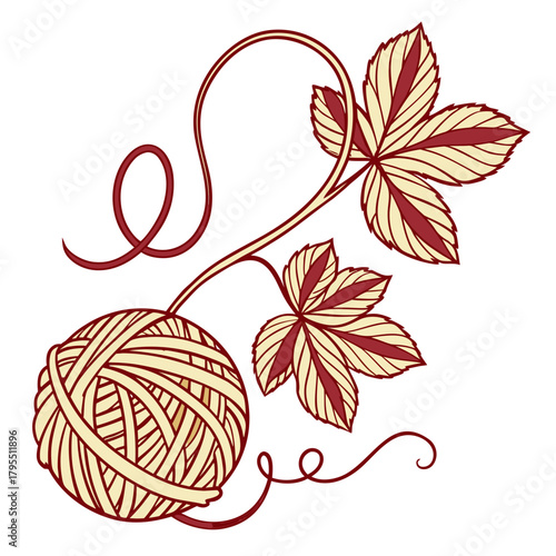 Stylized illustration of a ball of yarn with swirling vines and decorative leaves in a vintage art nouveau style