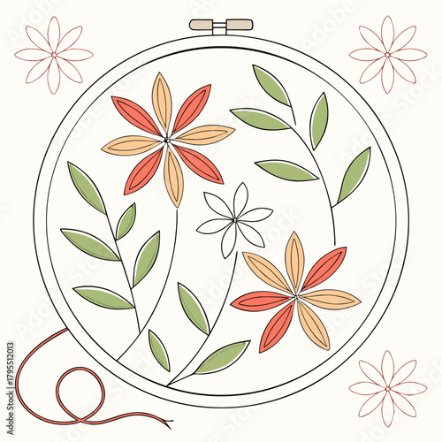 Embroidery hoop with colorful floral pattern and green leaves decorative craft element