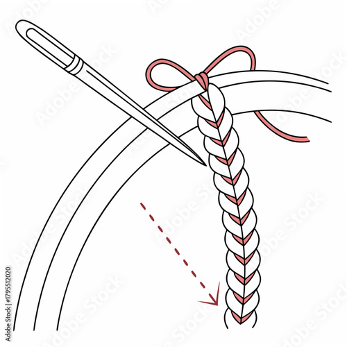 Close up illustration of a needle and pink thread creating a chain stitch on white fabric