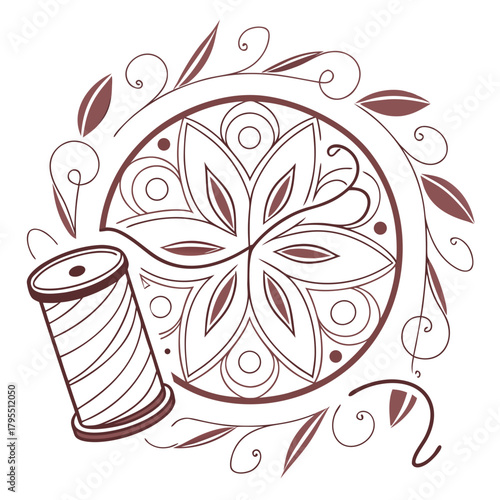 Elegant decorative spool of thread with swirling floral vine and mandala design in a single color