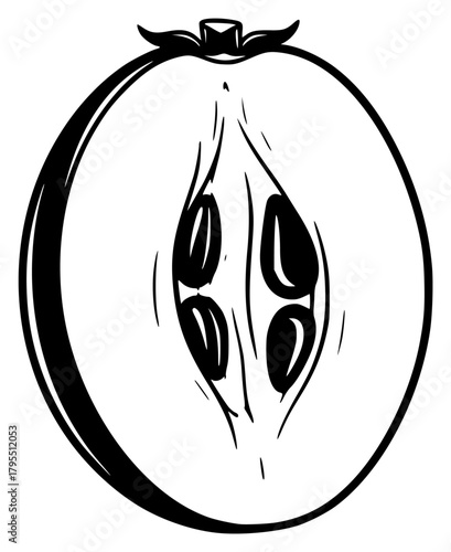A black and white line drawing of a tomato with a ghostly face, black, face, fruit, half, illustration, image, peach, white, against transparent background