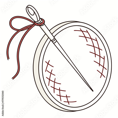 Close up of a sewing needle threaded with red ribbon passing through a circular embroidery hoop with cross stitch marks
