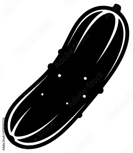 A black and white silhouette of a cucumber, black, courgette, icon, illustration, pickle, profile, squash, against transparent background