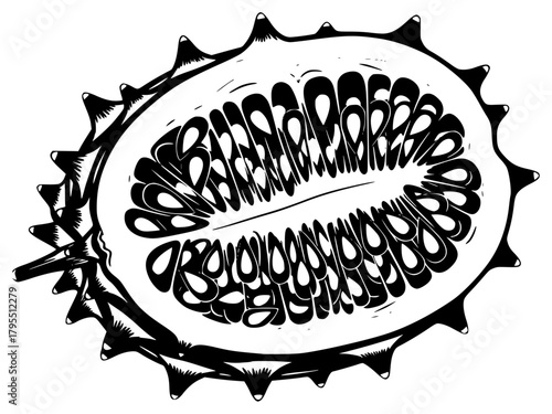 A black and white illustration of a kiwi fruit, cut in a circular shape with intricate patterns, black, draw, illustration, logo, speech bubble, text, against transparent background