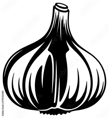 A black and white illustration of a garlic bulb, black, garlic, illustration, lamp, onion, profile, white, against transparent background
