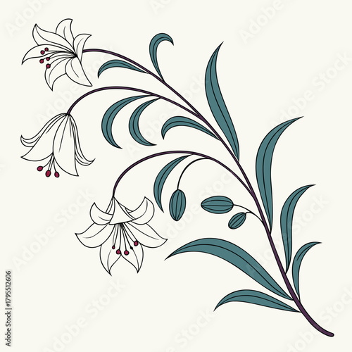 Elegant white lily flowers with dark green leaves and purple stems on a cream background a botanical illustration
