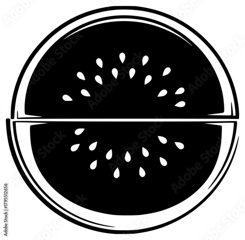 A black and white illustration of a half-cut kiwi fruit, black, circle, cut, half, icon, illustration, melon, slice, watermelon, white, against transparent background