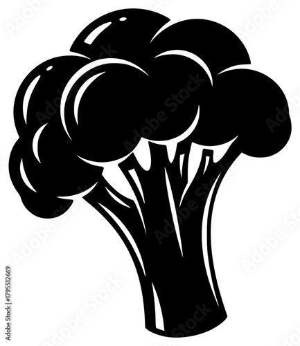 A black and white silhouette of a stylized broccoli, black, broccoli, icon, illustration, profile, tree, vegetable, against transparent background