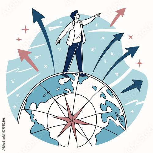 Man standing on top of the earth pointing forward with arrows indicating growth and direction