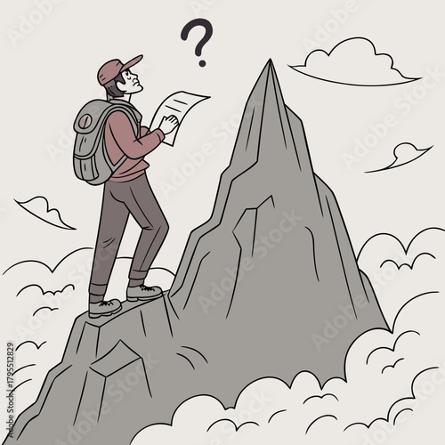 Confused hiker stands on a rocky mountain peak holding a map and looking up at a question mark