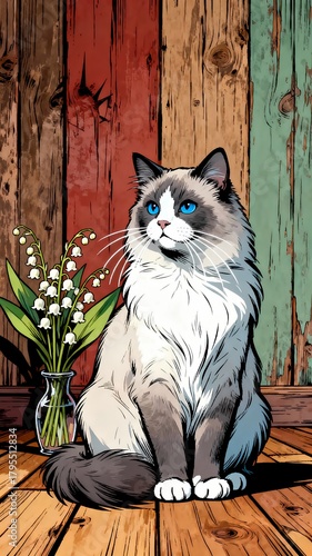 ragdoll cat breed vase lilies valley wooden illustration