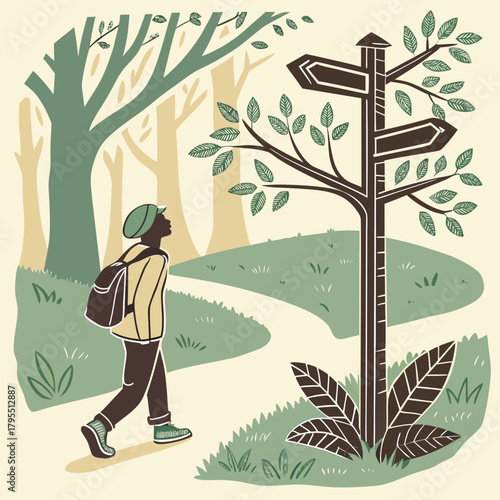 A lone hiker wearing a backpack contemplates a directional signpost at a fork in a forest path