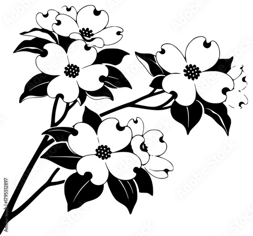A black and white illustration of a dogwood branch with flowers, apple tree, black, branch, bud, design, flower, illustration, plant, profile, stem, white, against transparent background