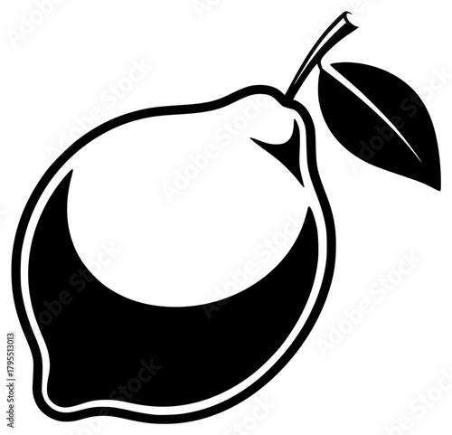A black and white outline of a fruit with a leaf, black, fruit, icon, illustration, leaf, lemon, plum, profile, stem, white, against transparent background