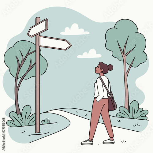 A woman stands at a crossroads with a directional signpost contemplating her next move in a park setting