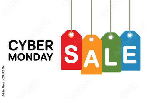 Cyber monday sale with colorful hanging tags on white background